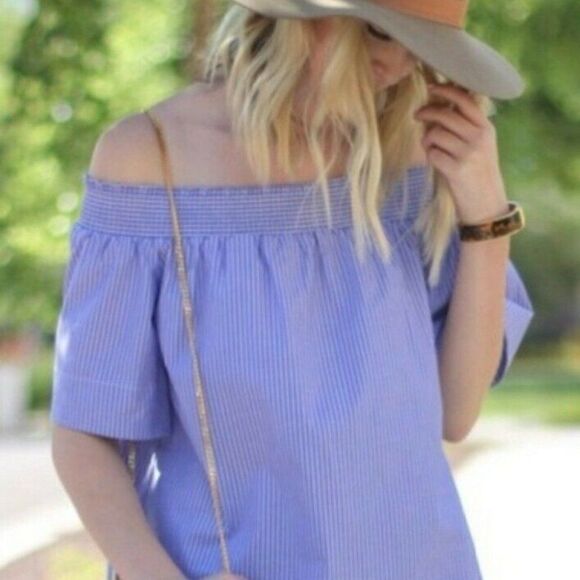 J.Crew Womens Off-The-Shoulder Top Shirt size 4 Blue White Pinstriped Shirring - Picture 11 of 11